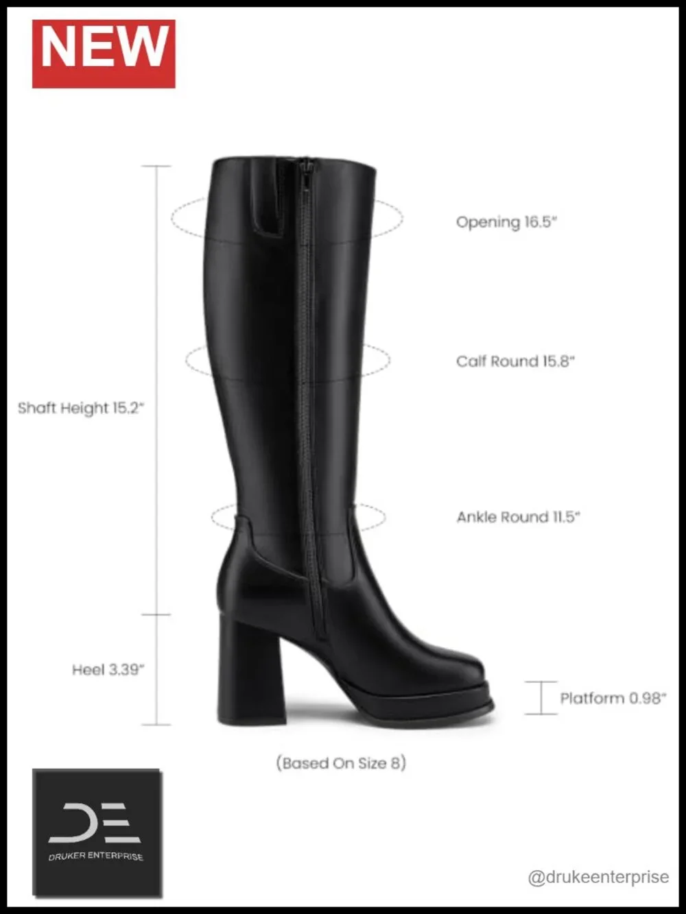 Women's Square Toe Chunky Heel Platform Knee High Boots with Side Zip PU Leather